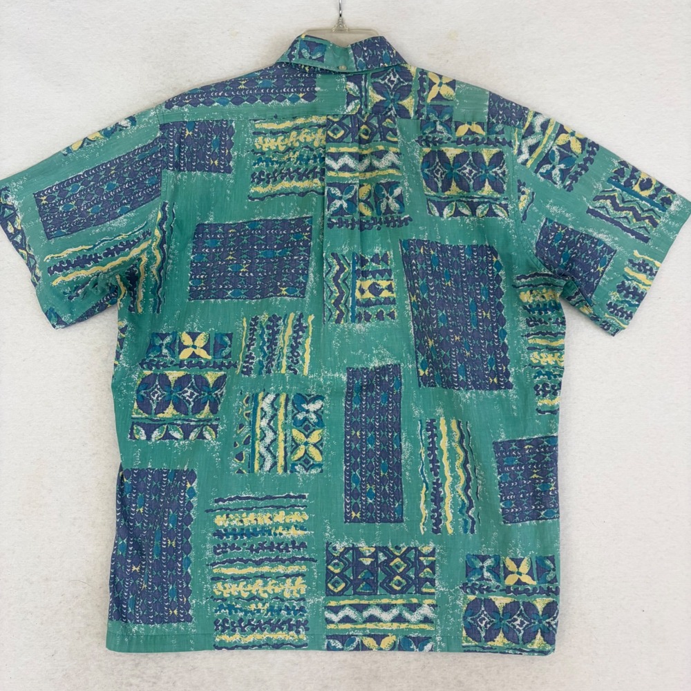 Reyn Spooner Alfred Shaheen Hawaiian Shirt M Teal Tapa Tribal Geometric Aloha - Picture 3 of 7